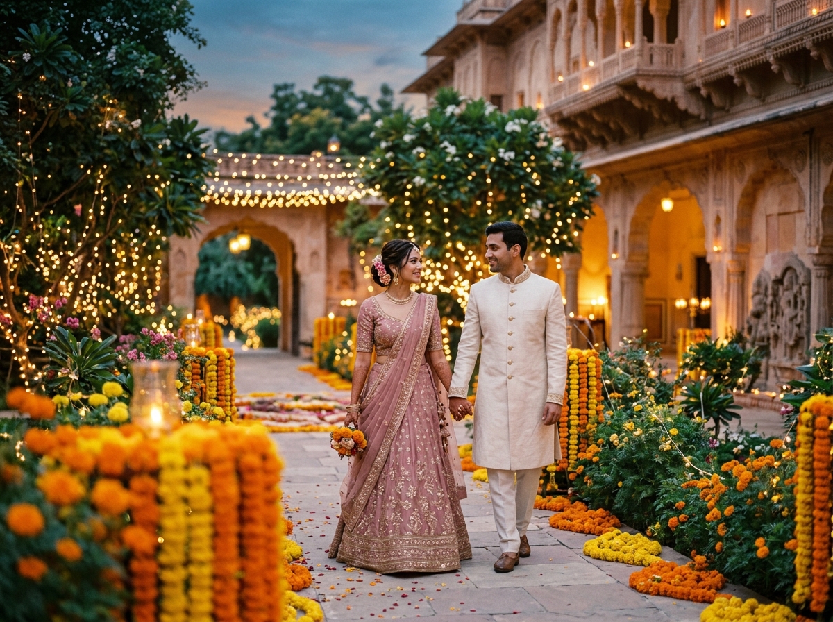 Walking together in twilight palace courtyard